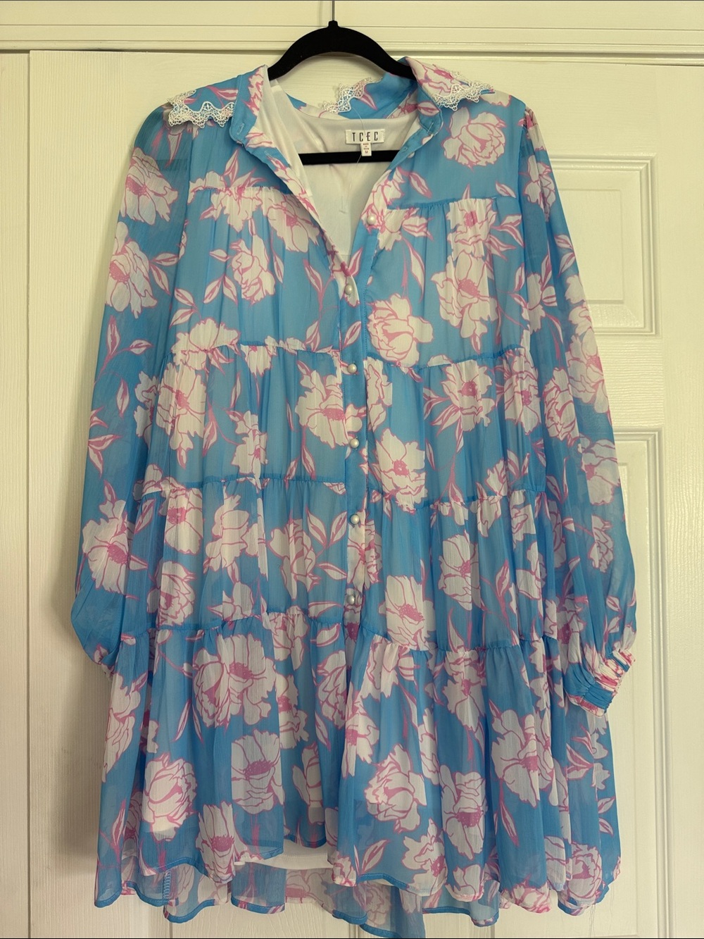 TCEC Sky Blue Floral Sheer Tiered Button-Up Dress